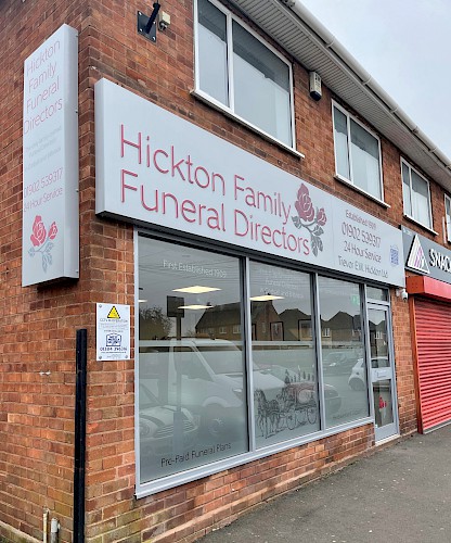 The Hickton Family Funeral Directors shop front of our Codsall and Bilbrook Funeral home.
